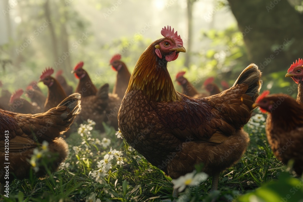 Fototapeta premium Rosters and Chickens Free Range Roaming