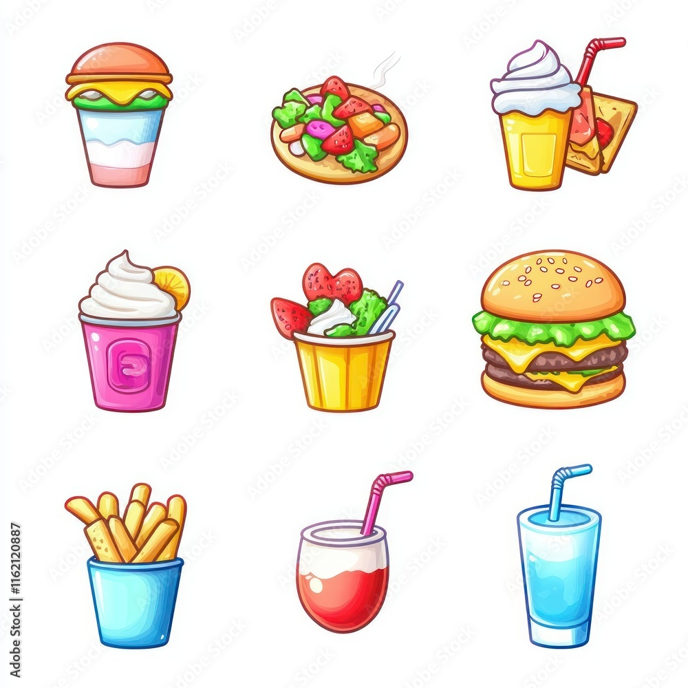 Nine cartoon illustrations of various fast food items including burgers, fries, shakes, and salads. Nine cartoon illustrations of various fast food items including burgers, fries, shakes, and salads.