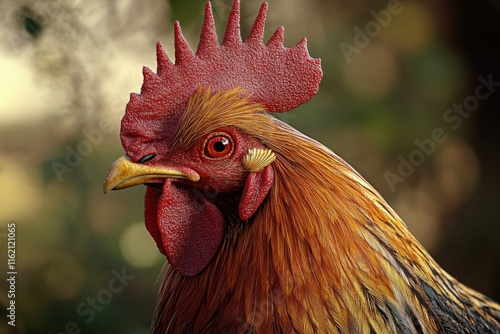 the rooster has golden feathers and a red face photo