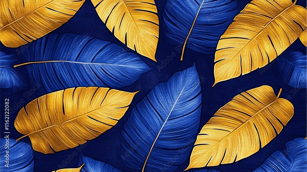 Naklejka premium Golden and Blue Tropical Leaf Pattern Design