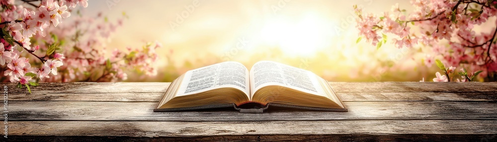 Open book on wooden table surrounded by blooming flowers with soft sunlight at sunrise, symbolizing knowledge, tranquility, and nature's beauty Open book on wooden table surrounded by blooming flowers with soft sunlight at sunrise, symbolizing knowledge, tranquility, and nature's beauty