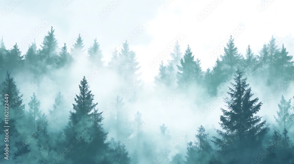 Misty forest landscape with evergreen trees. Misty forest landscape with evergreen trees.