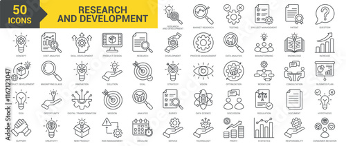 Research and Development icon collection set. Containing market research, testing, project management, patent, question, concept, product development, innovation, idea icon. Simple line vector