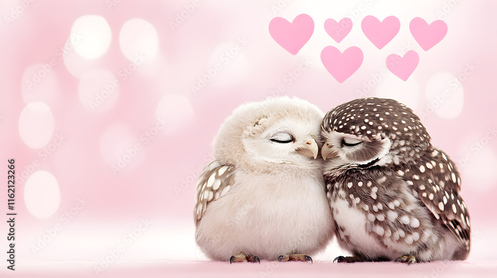 Obraz premium Lovebirds embrace pink background animal photography heartwarming close-up