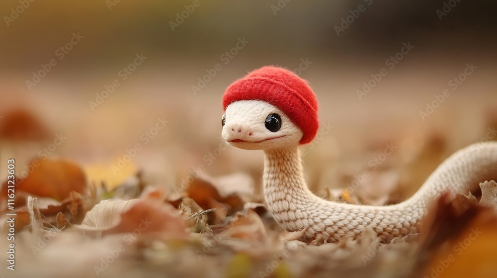 Fototapeta premium Adorable knitted snake wearing red hat in autumn leaves