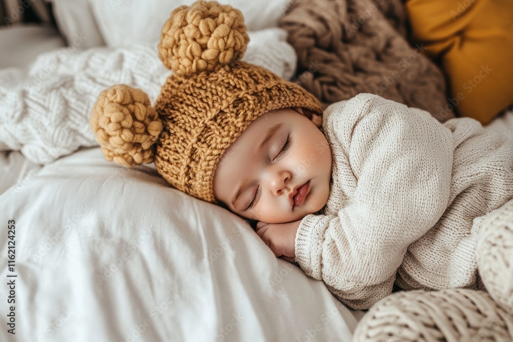 A cute baby is curled up and sleeping soundly while wearing a knit hat decorated with pom-poms. The home environment is warm and inviting, filled with soft blankets. A cute baby is curled up and sleeping soundly while wearing a knit hat decorated with pom-poms. The home environment is warm and inviting, filled with soft blankets.