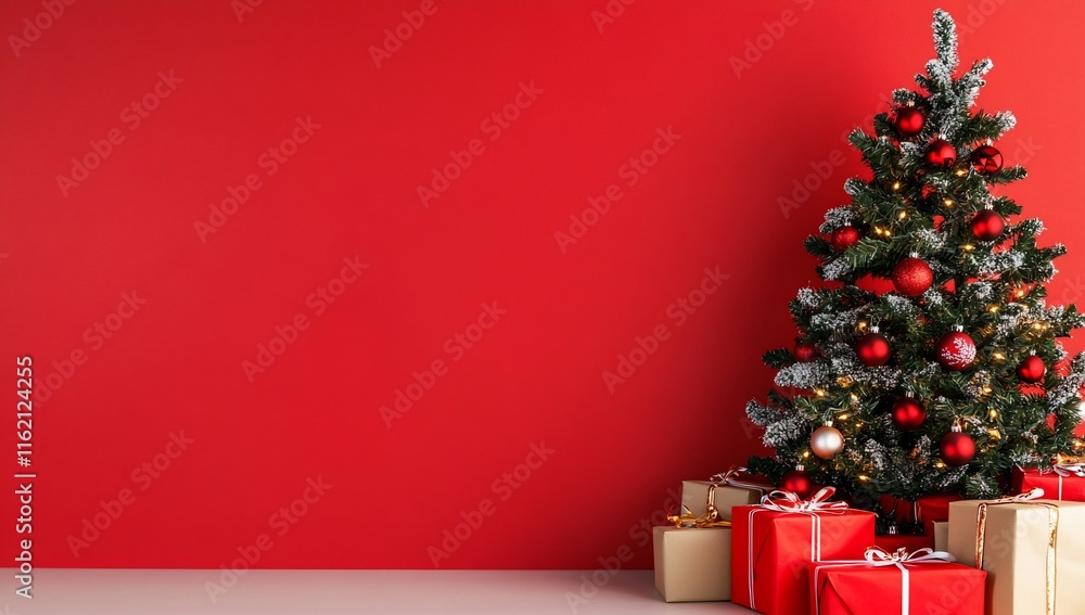 A decorated Christmas tree with gifts against a red wall backdrop. A decorated Christmas tree with gifts against a red wall backdrop.