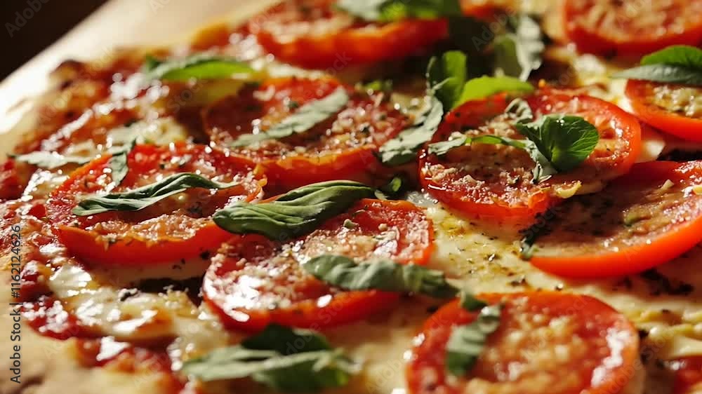 A close-up of a classic Margherita pizza featuring vibrant tomato slices, fresh basil leaves, and melted cheese on a golden crust. Perfect for food-related projects, Italian cuisine themes, or recipe A close-up of a classic Margherita pizza featuring vibrant tomato slices, fresh basil leaves, and melted cheese on a golden crust. Perfect for food-related projects, Italian cuisine themes, or recipe