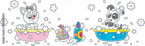 Happy little puppy and kitten playing in bubble baths and splashing with foam in a home bathroom, vector cartoon illustration on a white background