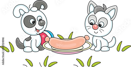 Happy little puppy and kitten going to eat a big tasty sausage on a plate among green grass of a summer lawn, vector cartoon illustration on a white background