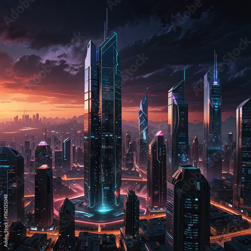 In a futuristic cyberpunk city, neo-lit skyscrapers dominate, while tech-savvy teenagers use holographic weapons to challenge corrupt megacorporations. photo