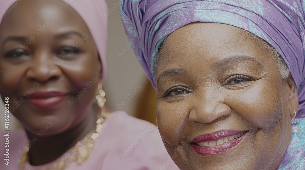Two smiling African women wearing headscarves and traditional clothing. Two smiling African women wearing headscarves and traditional clothing.