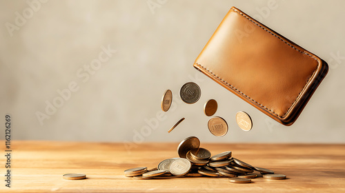 brown wallet spills coins onto wooden surface, creating sense of abundance and financial freedom photo