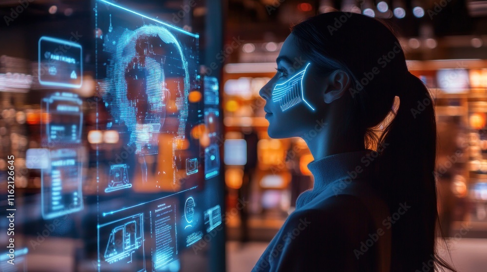 Woman viewing futuristic interface displaying 3D brain scan. Woman viewing futuristic interface displaying 3D brain scan.