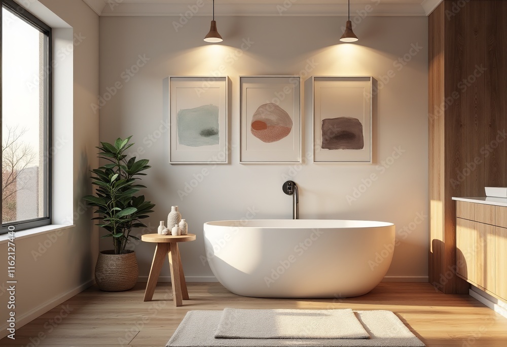 Minimalist Scandinavian Bathroom with Abstract Paintings, Warm Wood Accents, and Soft Overhead Lighting for a Cozy and Inviting Atmosphere Minimalist Scandinavian Bathroom with Abstract Paintings, Warm Wood Accents, and Soft Overhead Lighting for a Cozy and Inviting Atmosphere