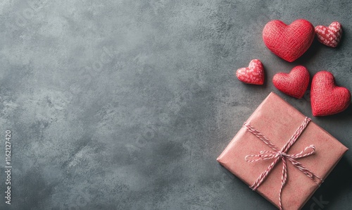 Valentine's Day background with hearts and a gift box on a dark gray concrete table