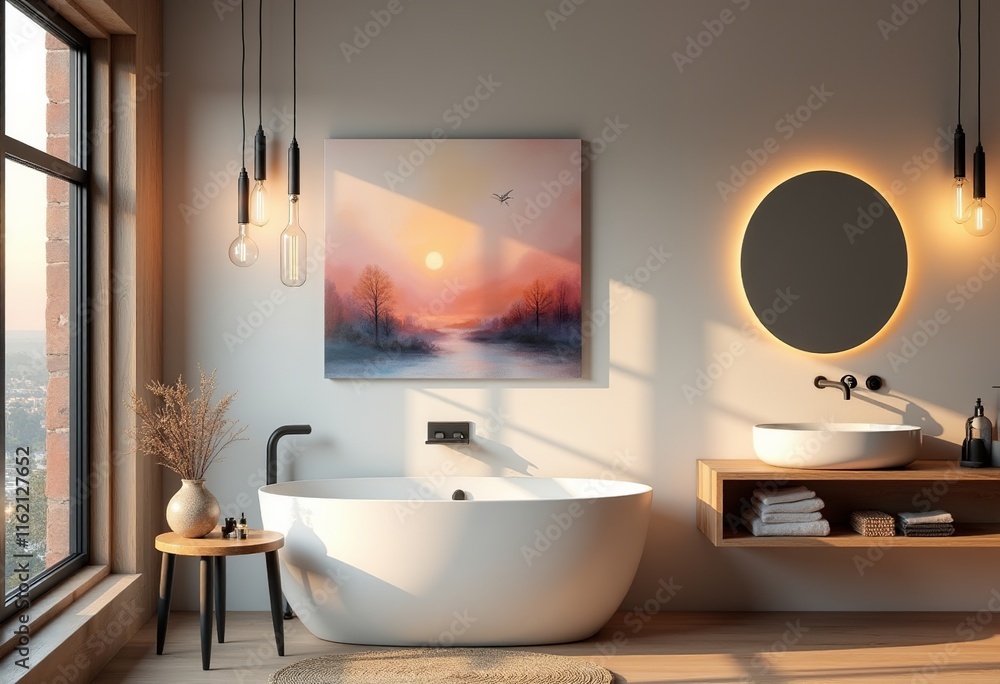 Elegant Scandinavian Bathroom: Abstract Wall Art, Wooden Accents, and a Soft Pastel Palette Lit by Overhead Lamps for a Tranquil Experience Elegant Scandinavian Bathroom: Abstract Wall Art, Wooden Accents, and a Soft Pastel Palette Lit by Overhead Lamps for a Tranquil Experience