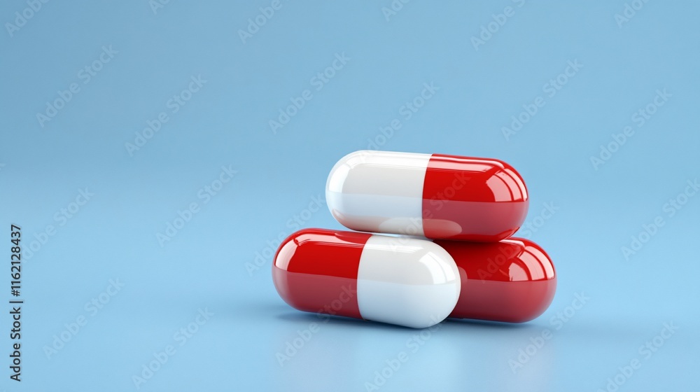 Three red and white capsules stacked on a blue background. Three red and white capsules stacked on a blue background.