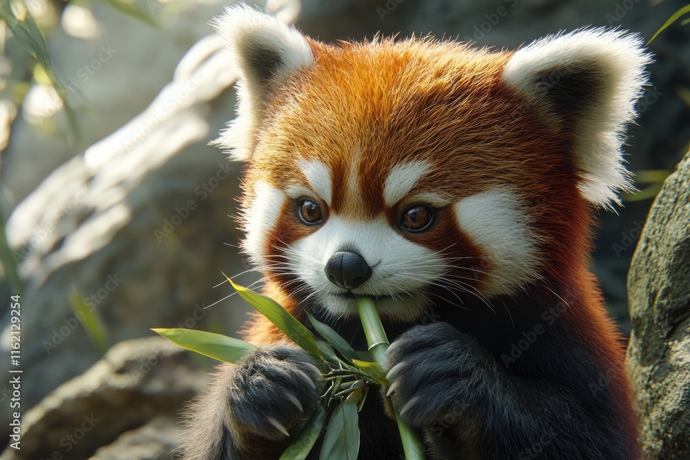 Close up of a red panda holding bamboo with a large boulder in the background. Close up of a red panda holding bamboo with a large boulder in the background.