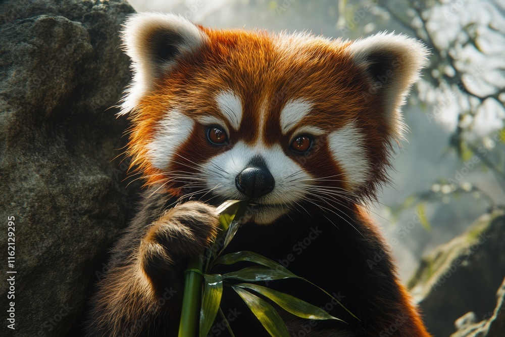 Close up of a red panda holding bamboo with a large boulder in the background. Close up of a red panda holding bamboo with a large boulder in the background.