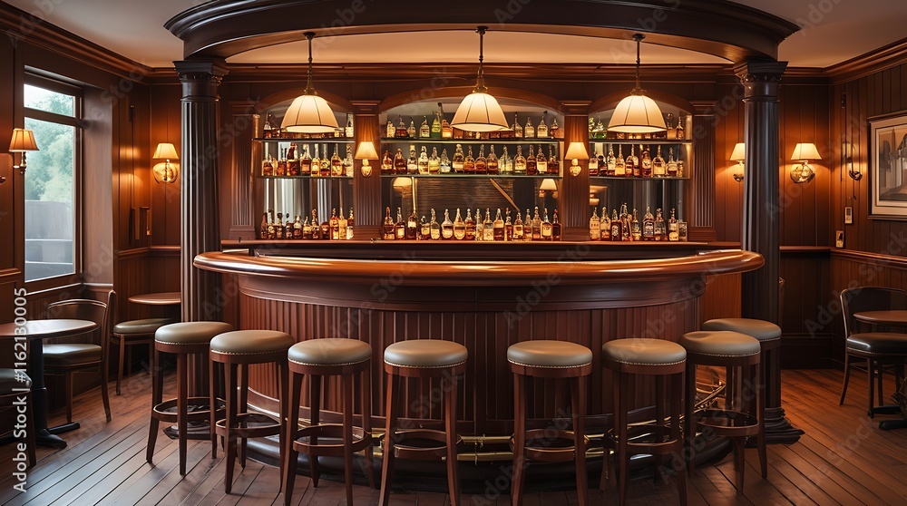 Obraz premium Elegant vintage bar with classic wooden design, luxurious seating, and ambient lighting, perfect for cozy evenings, fine drinks, and social gatherings in a sophisticated and warm atmosphere.