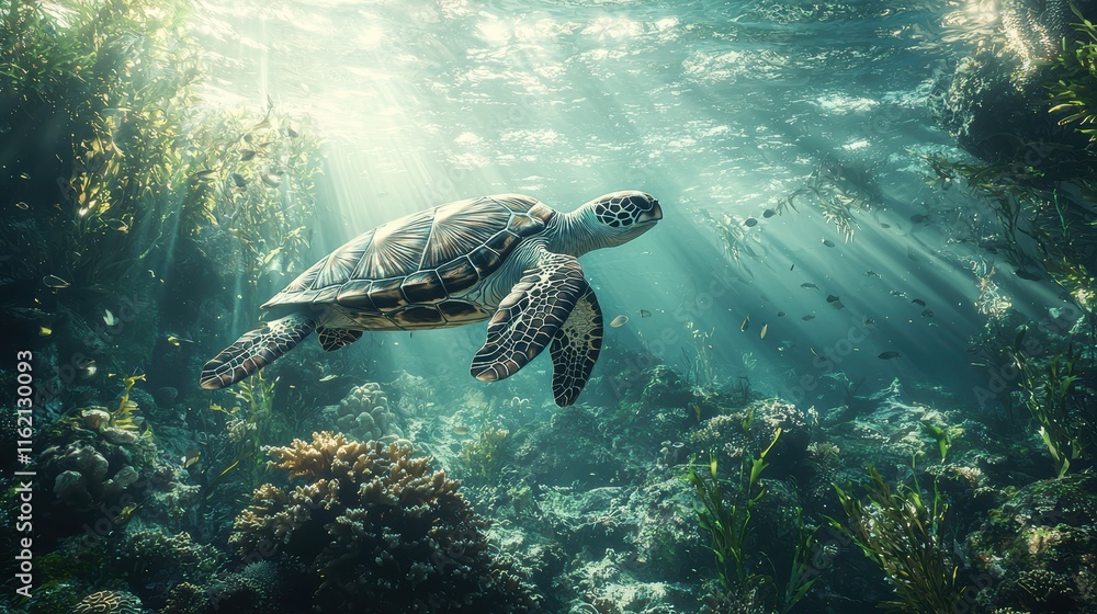 Fototapeta premium Majestic Sea Turtle Gracefully Swimming Through Sunlit Coral Reef