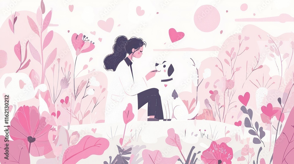 Veterinarian gently examining a dog amidst a blossoming garden, showcasing love and care. Veterinarian gently examining a dog amidst a blossoming garden, showcasing love and care.