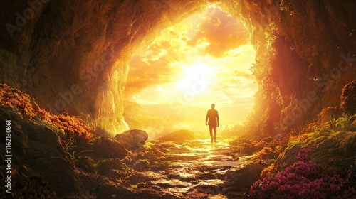 Man Walking Towards Light at the End of a Cave