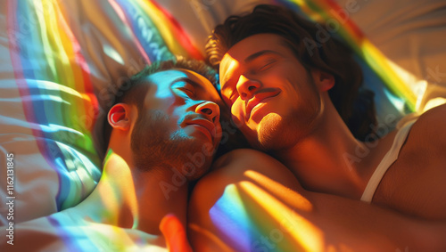 LGBTQ couple and rainbow sunlight streaming in from the window photo