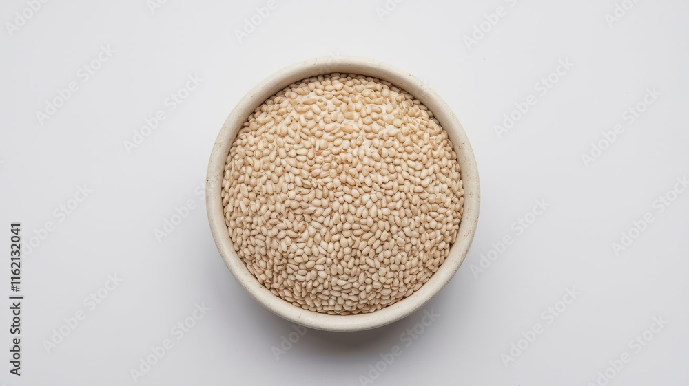White sesame seeds in a container on a white background White sesame seeds in a container on a white background