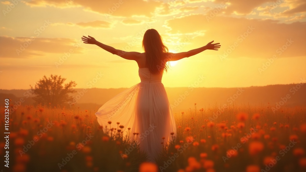 A beautiful young woman filled with happiness in a dreamy meadow at sunset. A beautiful young woman filled with happiness in a dreamy meadow at sunset.