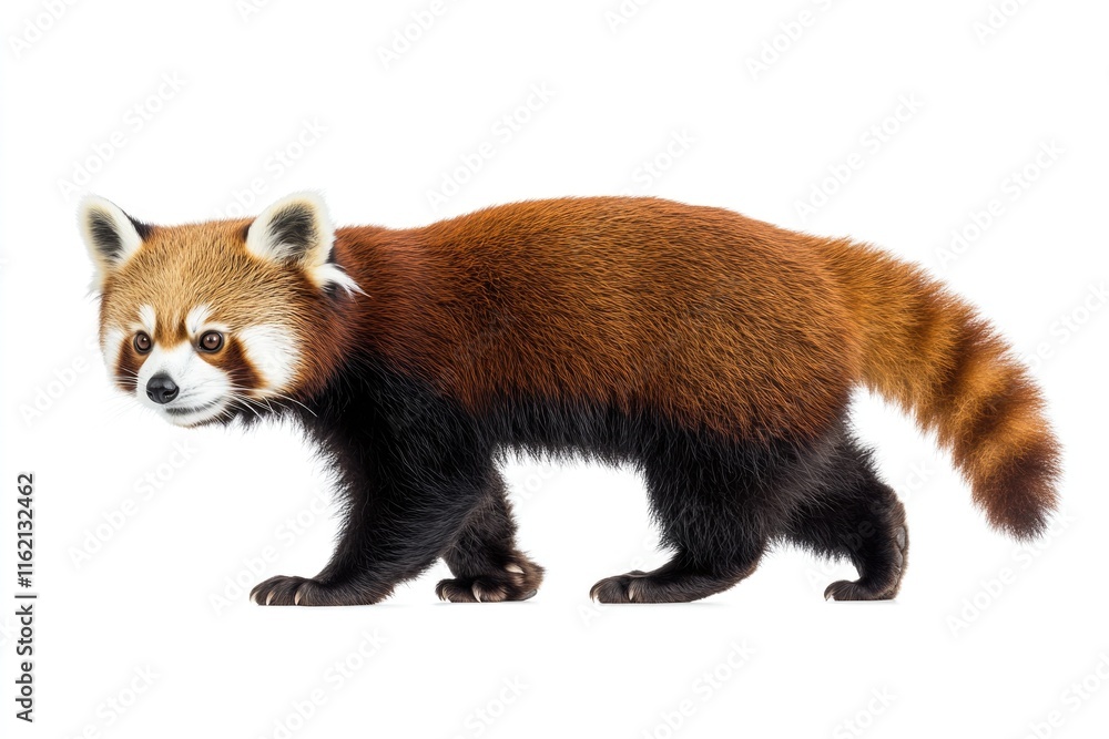 Old Red panda or Shining cat Ailurus fulgens 10 years old walking in front of white background Old Red panda or Shining cat Ailurus fulgens 10 years old walking in front of white background
