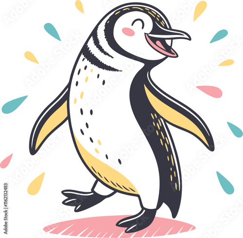  Illustration of a penguin taking a stroll, radiating joy and playfulness