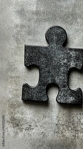 Unique black puzzle piece resting on a textured gray background creating a minimalist artistic composition