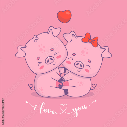 Couple of pigs in love. Two cute hugging piglets, boy and girl, with bow on pink background with confession I love you. Vector illustration. Romantic card with funny cartoon kawaii animal characters