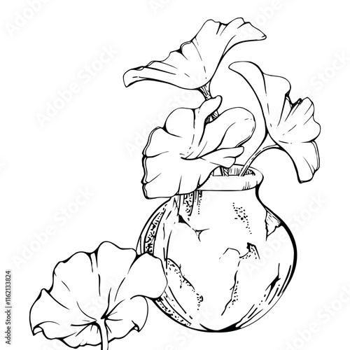 Nature tropical exotic lotus house plant in ceramic terracotta pot. Hand drawn ink vector illustration isolated white background. Design travel, home decor shop brochure, print, botanical garden ads