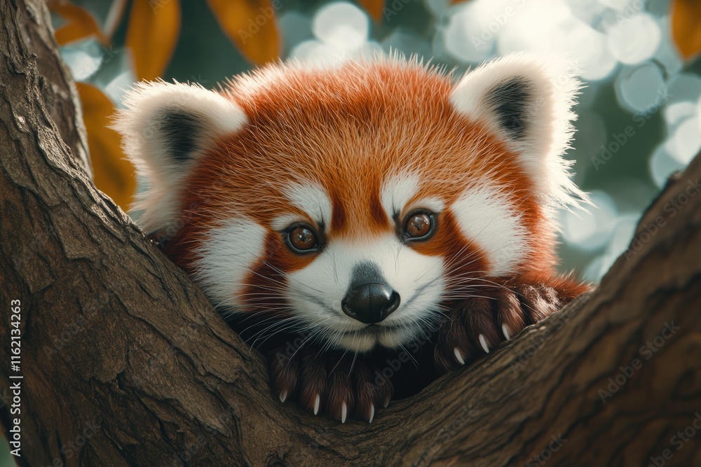 Fototapeta premium Red Panda on a tree while looking at you
