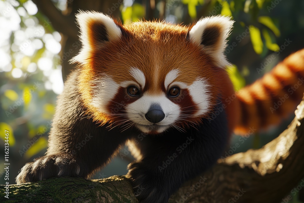 Red panda walking on tree branches. Red panda walking on tree branches.