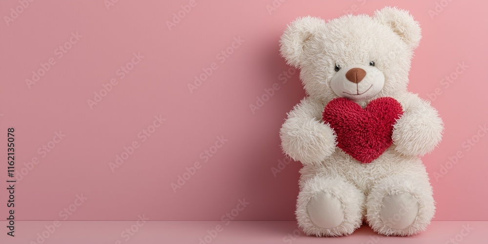 Valentine emotion concept. Soft teddy bear holding a red heart on a pink background. Valentine emotion concept. Soft teddy bear holding a red heart on a pink background.