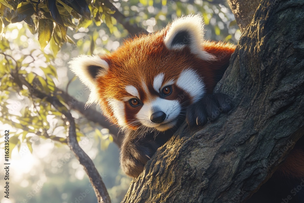Obraz premium Red panda walking on tree branches.