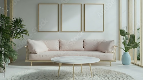 Minimalist living room interior with pink sofa, three frames, and plants.