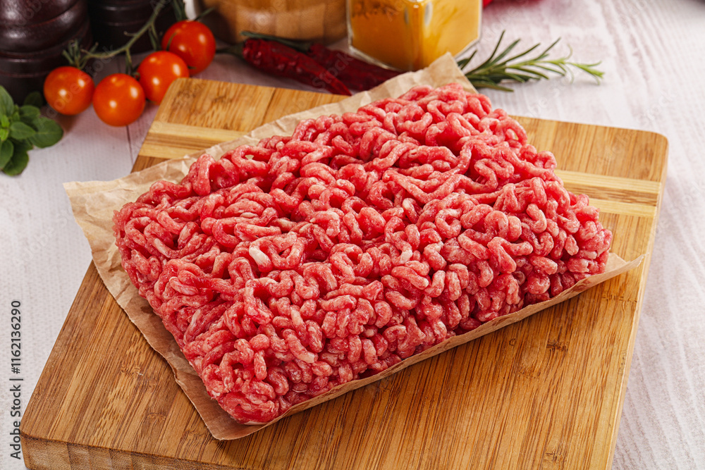 Raw minced beef meat over board Raw minced beef meat over board
