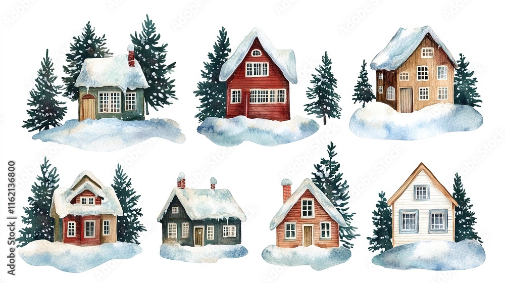 Collage of watercolor houses and snow-covered fir trees, creating a beautiful winter clip art. Collage of watercolor houses and snow-covered fir trees, creating a beautiful winter clip art.