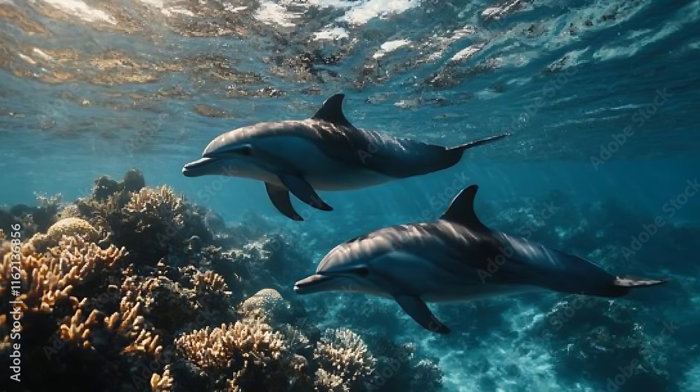 Obraz premium Dolphins swimming among coral reefs underwater paradise nature