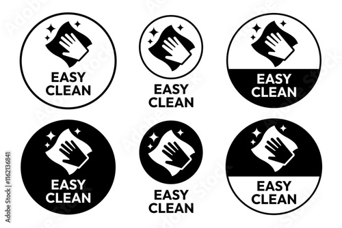 Easy clean icon set. Hand with napkin wiping a surface. Housekeeping symbol. Easy clean logo, label, badge, symbol, banner, circle, black, line, vector, isolated illustration. Cleaner service logo.