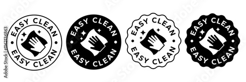 Easy clean icon set. Hand with napkin wiping a surface. Housekeeping symbol. Easy clean logo, label, badge, symbol, banner, circle, black, line, vector, isolated illustration. Cleaner service logo.