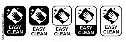 Easy clean icon set. Hand with napkin wiping a surface. Housekeeping symbol. Easy clean logo, label, badge, symbol, banner, circle, black, line, vector, isolated illustration. Cleaner service logo.