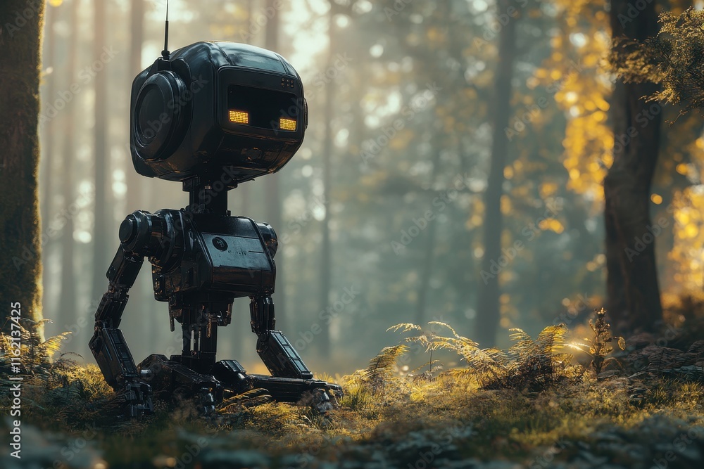 In a tranquil forest, a small robot rests on the ground, surrounded by ferns and beams of sunlight filtering through trees. Its expression suggests deep thought, creating a calm atmosphere. In a tranquil forest, a small robot rests on the ground, surrounded by ferns and beams of sunlight filtering through trees. Its expression suggests deep thought, creating a calm atmosphere.