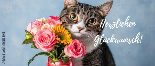 Herzlichen Glückwunsch Katze mit Blumenstrauß gratuliert photo