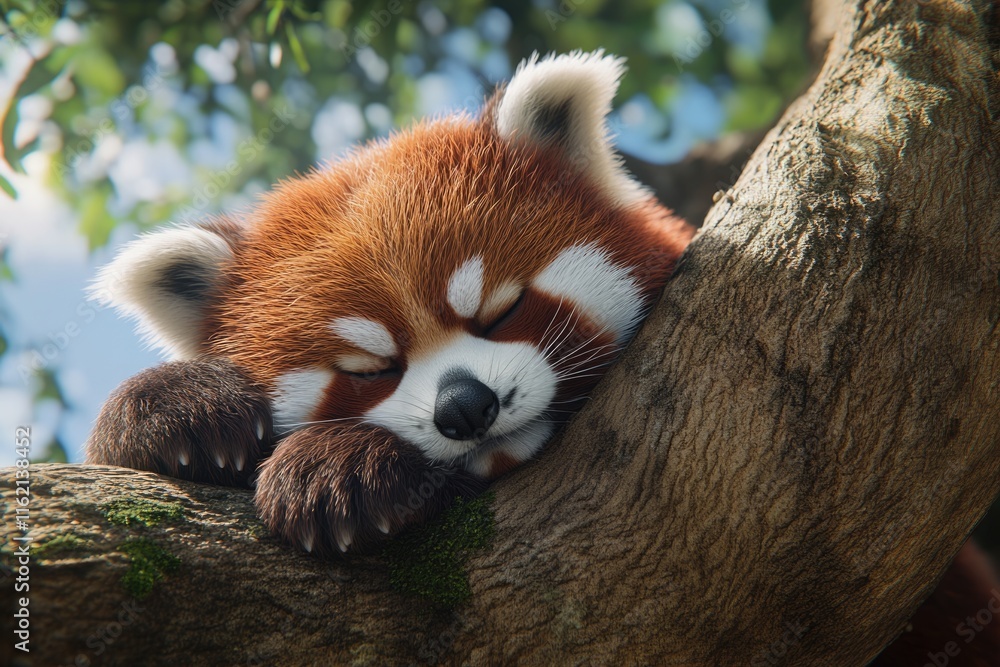 Fototapeta premium A cute red panda relaxing on a tree A cute red panda relaxing on a tree